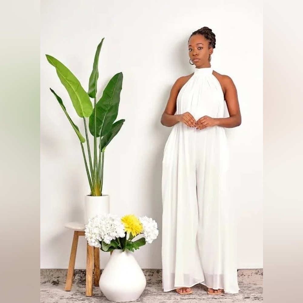 Be MARAKI GOTTA HAVE IT BACKLESS HALTER WIDE LEG JUMPSUIT - WHITE - Picture 4 of 7